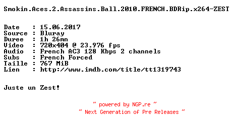 NFO for the release Smokin.Aces.2.Assassins.Ball.2010.FRENCH.BDRip.x264-ZEST by ZEST