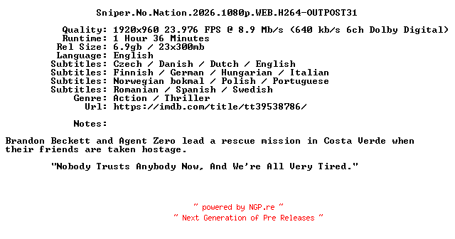 NFO for the release Sniper.No.Nation.2026.1080p.WEB.H264-OUTPOST31 by OUTPOST31
