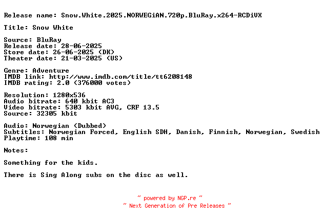 NFO for the release Snow.White.2025.NORWEGiAN.720p.BluRay.x264-RCDiVX by RCDiVX