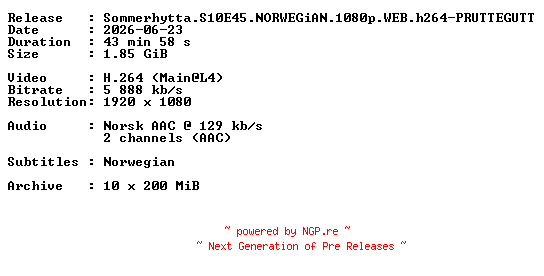 NFO for the release Sommerhytta.S10E45.NORWEGiAN.1080p.WEB.h264-PRUTTEGUTT by PRUTTEGUTT