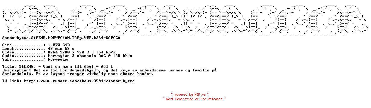 NFO for the release Sommerhytta.S10E45.NORWEGiAN.720p.WEB.h264-WAEGGA by WAEGGA