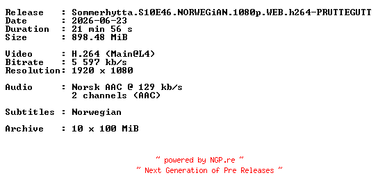 NFO for the release Sommerhytta.S10E46.NORWEGiAN.1080p.WEB.h264-PRUTTEGUTT by PRUTTEGUTT