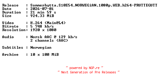 NFO for the release Sommerhytta.S10E54.NORWEGiAN.1080p.WEB.h264-PRUTTEGUTT by PRUTTEGUTT