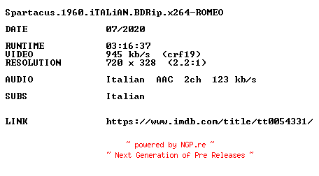 NFO for the release Spartacus.1960.iTALiAN.BDRip.x264-ROMEO by ROMEO