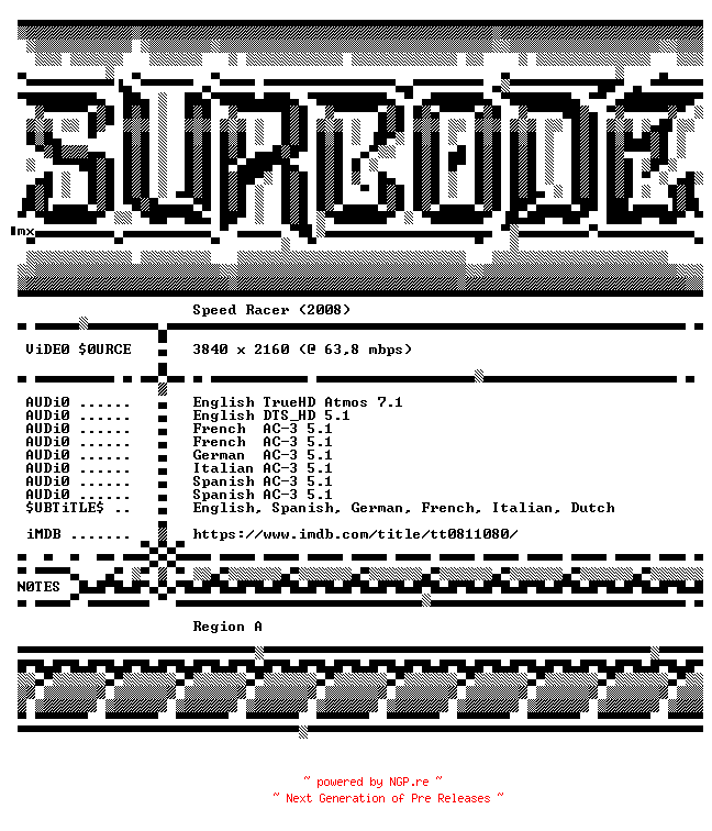 NFO for the release Speed.Racer.2008.COMPLETE.UHD.BLURAY-SURCODE by SURCODE