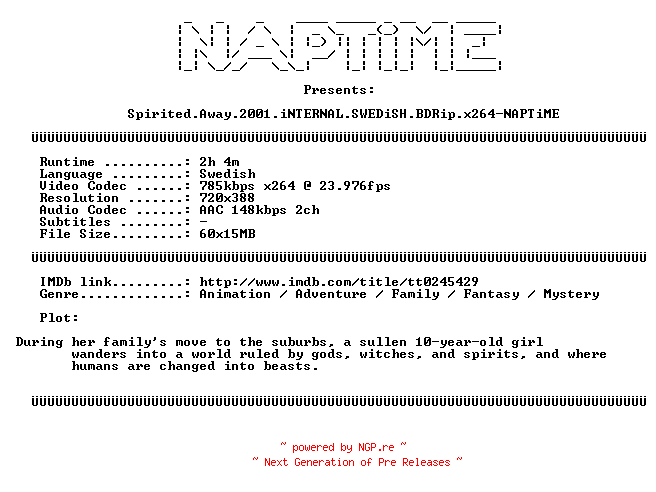 NFO for the release Spirited.Away.2001.iNTERNAL.SWEDiSH.BDRip.x264-NAPTiME by NAPTiME