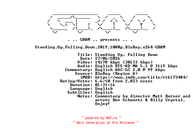 NFO for the release Standing.Up.Falling.Down.2019.1080p.BluRay.x264-GRAM by GRAM