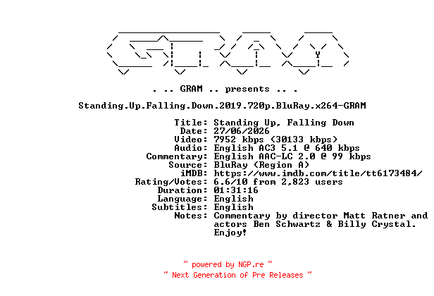 NFO for the release Standing.Up.Falling.Down.2019.720p.BluRay.x264-GRAM by GRAM