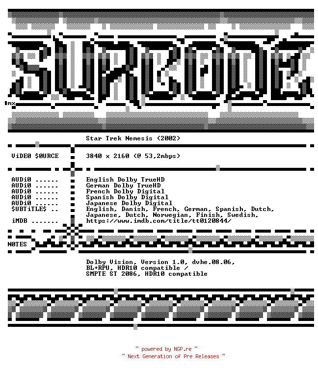 NFO for the release Star.Trek.Nemesis.2002.COMPLETE.UHD.BLURAY-SURCODE by SURCODE