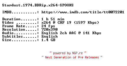 NFO for the release Stardust.1974.BDRip.x264-SPOOKS by SPOOKS