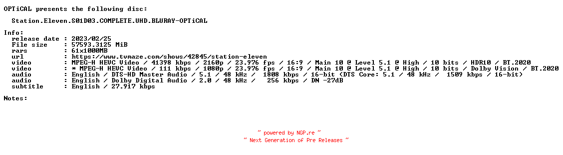NFO for the release Station.Eleven.S01D03.COMPLETE.UHD.BLURAY-OPTiCAL by OPTiCAL