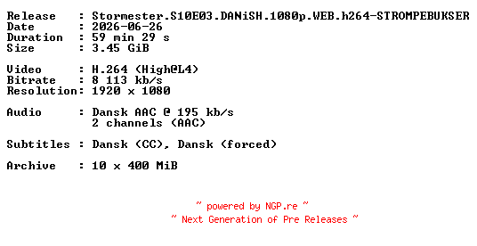NFO for the release Stormester.S10E03.DANiSH.1080p.WEB.h264-STROMPEBUKSER by STROMPEBUKSER