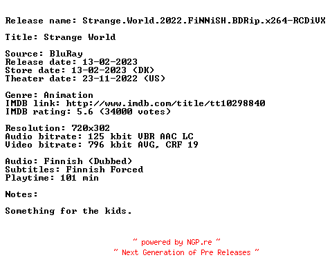 NFO for the release Strange.World.2022.FiNNiSH.BDRip.x264-RCDiVX by RCDiVX