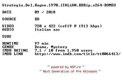 NFO for the release Strategia.Del.Ragno.1970.iTALiAN.BDRip.x264-ROMEO by ROMEO