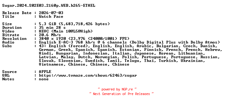 NFO for the release Sugar.2024.S02E03.2160p.WEB.h265-ETHEL by ETHEL