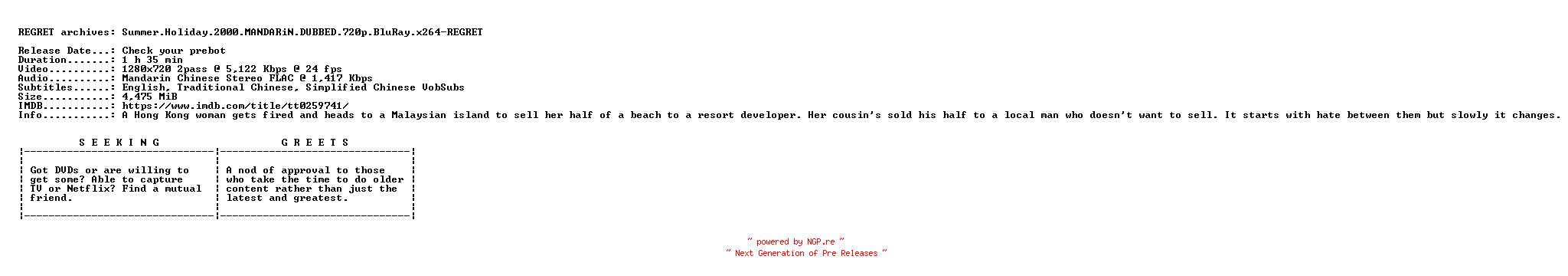 NFO for the release Summer.Holiday.2000.MANDARiN.DUBBED.720p.BluRay.x264-REGRET by REGRET