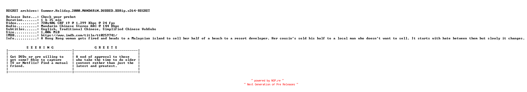 NFO for the release Summer.Holiday.2000.MANDARiN.DUBBED.BDRip.x264-REGRET by REGRET