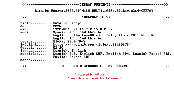 NFO for the release Super.Mario.Galaxy.La.Pelicula.2026.SPANiSH.MULTi.1080p.BluRay.x264-CEBRAY by CEBRAY