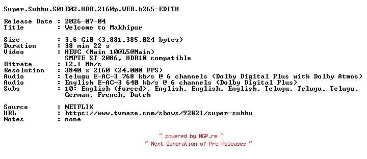 NFO for the release Super.Subbu.S01E02.HDR.2160p.WEB.h265-EDITH by EDITH