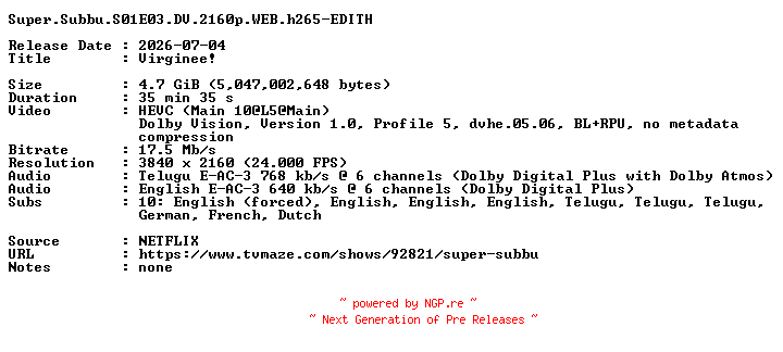 NFO for the release Super.Subbu.S01E03.DV.2160p.WEB.h265-EDITH by EDITH