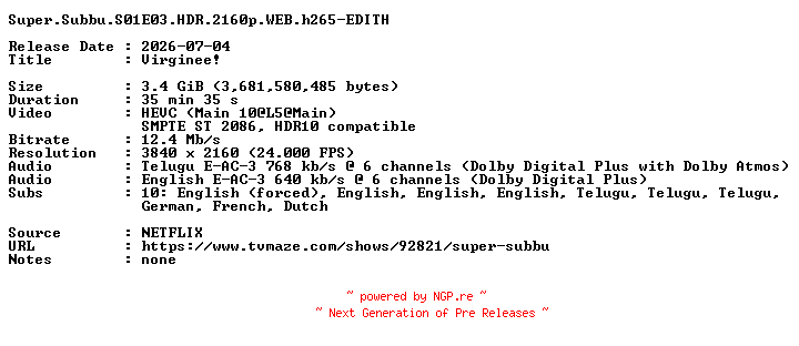 NFO for the release Super.Subbu.S01E03.HDR.2160p.WEB.h265-EDITH by EDITH