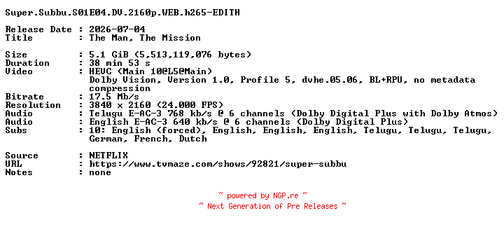NFO for the release Super.Subbu.S01E04.DV.2160p.WEB.h265-EDITH by EDITH