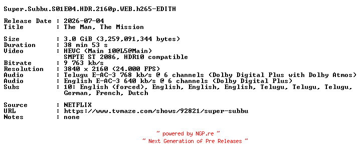 NFO for the release Super.Subbu.S01E04.HDR.2160p.WEB.h265-EDITH by EDITH