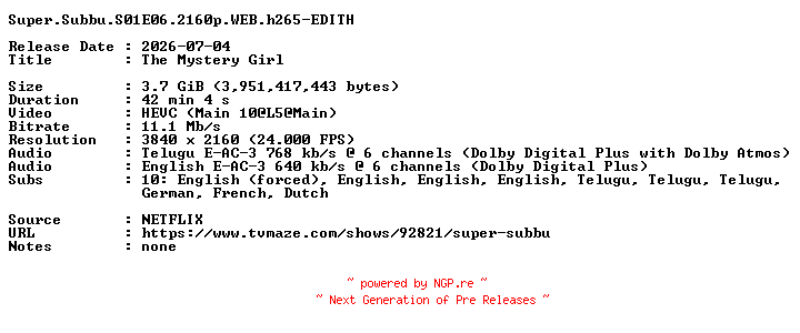 NFO for the release Super.Subbu.S01E06.2160p.WEB.h265-EDITH by EDITH