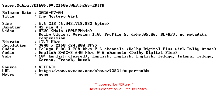 NFO for the release Super.Subbu.S01E06.DV.2160p.WEB.h265-EDITH by EDITH