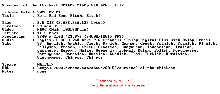 NFO for the release Survival.of.the.Thickest.S01E02.2160p.WEB.h265-BETTY by BETTY