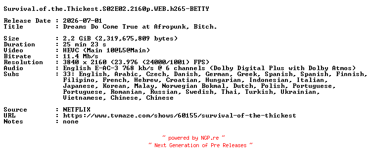 NFO for the release Survival.of.the.Thickest.S02E02.2160p.WEB.h265-BETTY by BETTY