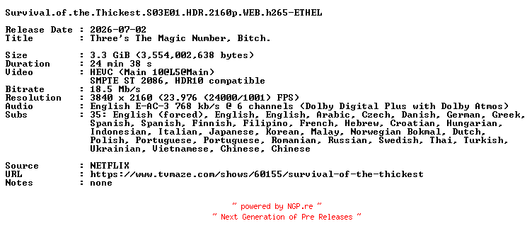 NFO for the release Survival.of.the.Thickest.S03E01.HDR.2160p.WEB.h265-ETHEL by ETHEL