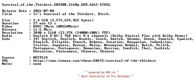 NFO for the release Survival.of.the.Thickest.S03E08.2160p.WEB.h265-ETHEL by ETHEL