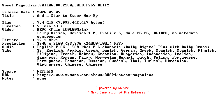 NFO for the release Sweet.Magnolias.S03E06.DV.2160p.WEB.h265-BETTY by BETTY