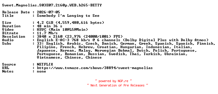 NFO for the release Sweet.Magnolias.S03E07.2160p.WEB.h265-BETTY by BETTY