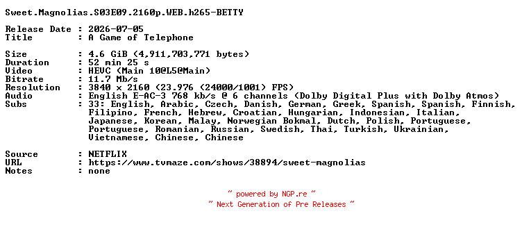 NFO for the release Sweet.Magnolias.S03E09.2160p.WEB.h265-BETTY by BETTY
