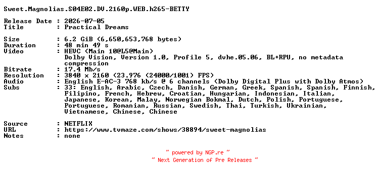 NFO for the release Sweet.Magnolias.S04E02.DV.2160p.WEB.h265-BETTY by BETTY