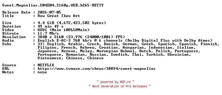 NFO for the release Sweet.Magnolias.S04E04.2160p.WEB.h265-BETTY by BETTY