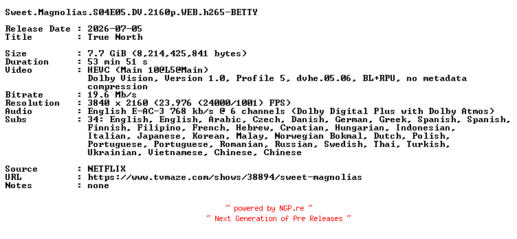 NFO for the release Sweet.Magnolias.S04E05.DV.2160p.WEB.h265-BETTY by BETTY