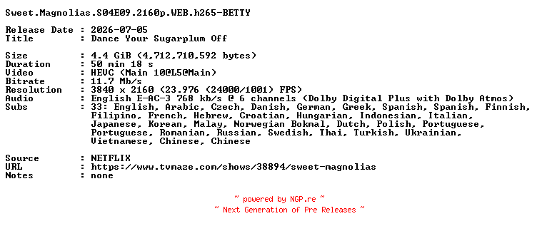 NFO for the release Sweet.Magnolias.S04E09.2160p.WEB.h265-BETTY by BETTY