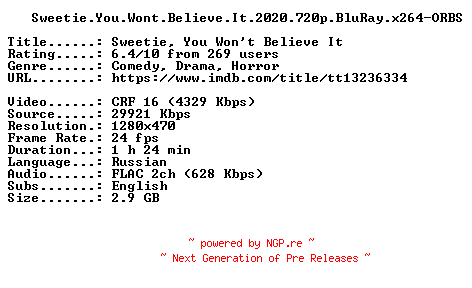 NFO for the release Sweetie.You.Wont.Believe.It.2020.720p.BluRay.x264-ORBS by ORBS