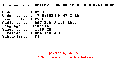 NFO for the release Taivaan.Tulet.S01E07.FiNNiSH.1080p.WEB.H264-KORPI by KORPI
