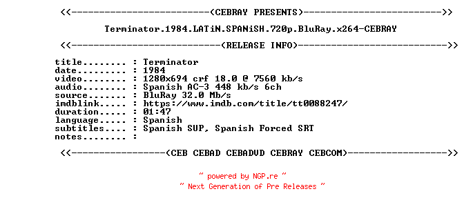 NFO for the release Terminator.1984.LATiN.SPANiSH.720p.BluRay.x264-CEBRAY by CEBRAY