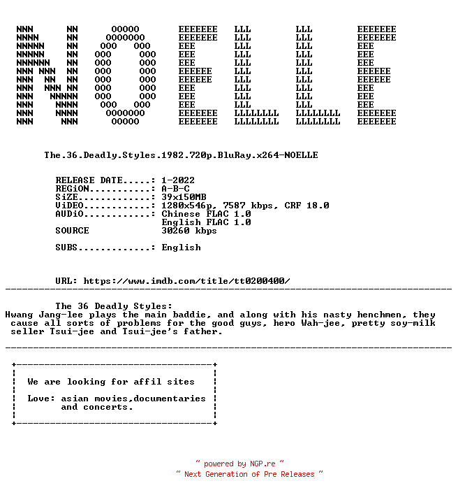 NFO for the release The.36.Deadly.Styles.1982.720p.BluRay.x264-NOELLE by NOELLE