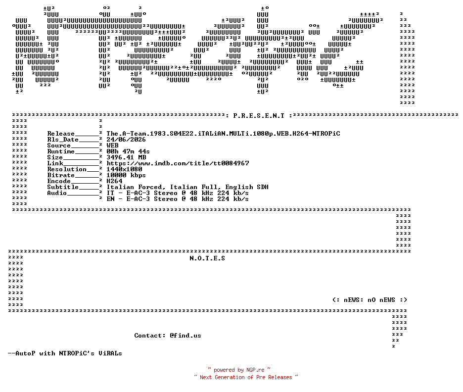 NFO for the release The.A-Team.1983.S04E22.iTALiAN.MULTi.1080p.WEB.H264-NTROPiC by NTROPiC