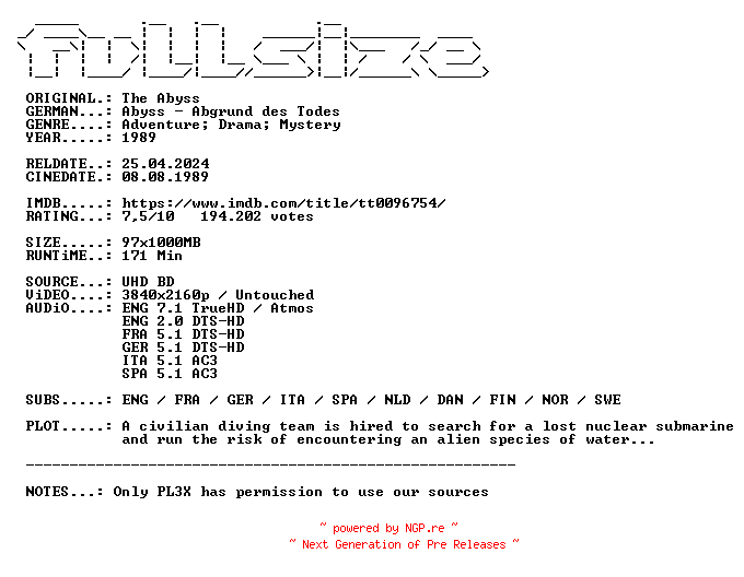 NFO for the release The.Abyss.1989.MULTi.COMPLETE.UHD.BLURAY-FULLSiZE by FULLSiZE