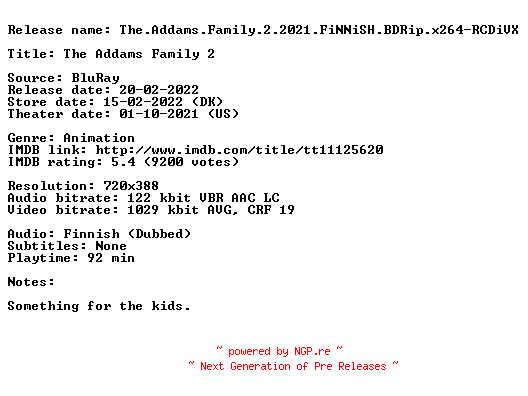 NFO for the release The.Addams.Family.2.2021.FiNNiSH.BDRip.x264-RCDiVX by RCDiVX