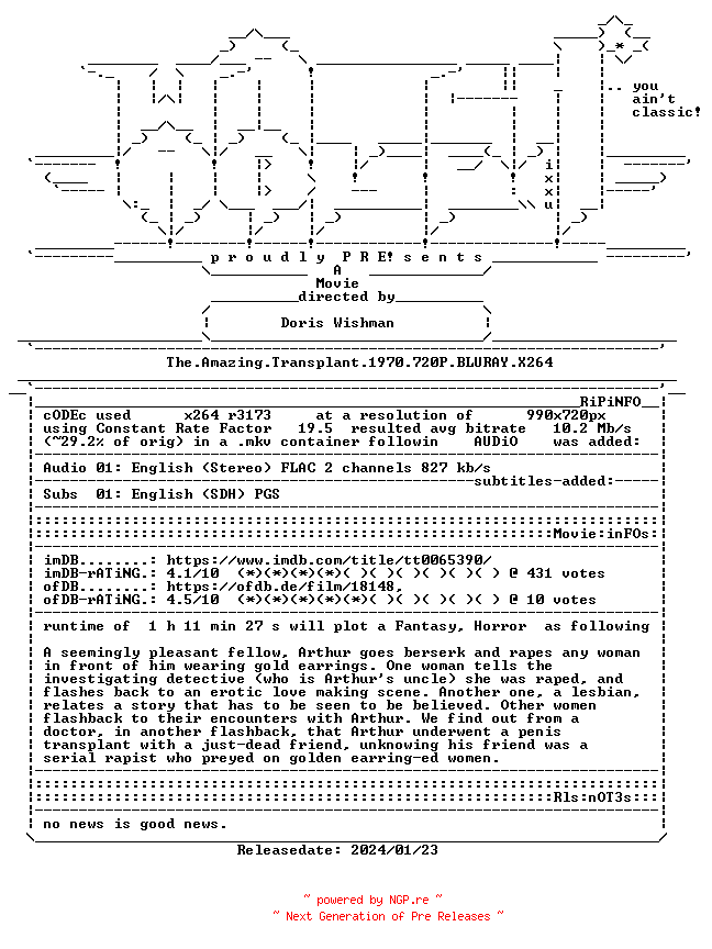 NFO for the release The.Amazing.Transplant.1970.720P.BLURAY.X264-WATCHABLE by WATCHABLE