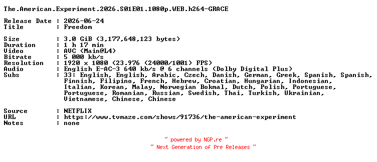 NFO for the release The.American.Experiment.2026.S01E01.1080p.WEB.h264-GRACE by GRACE