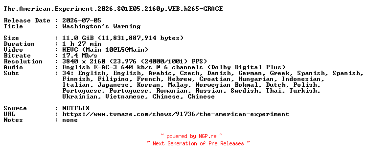 NFO for the release The.American.Experiment.2026.S01E05.2160p.WEB.h265-GRACE by GRACE